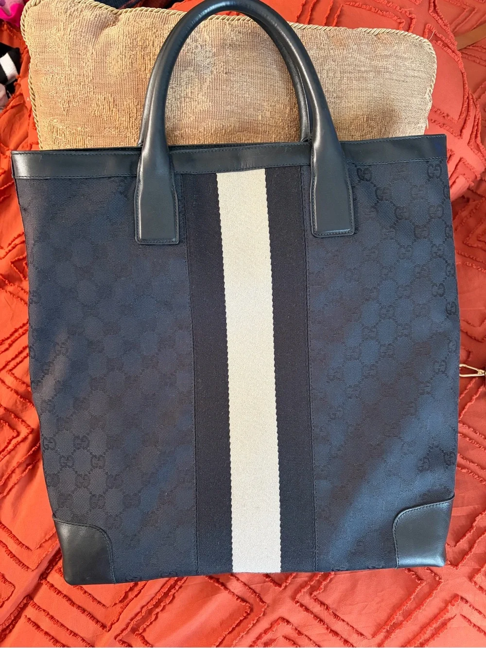 Gucci Navy Canvas Messenger Bag with Center Cream Stripe
